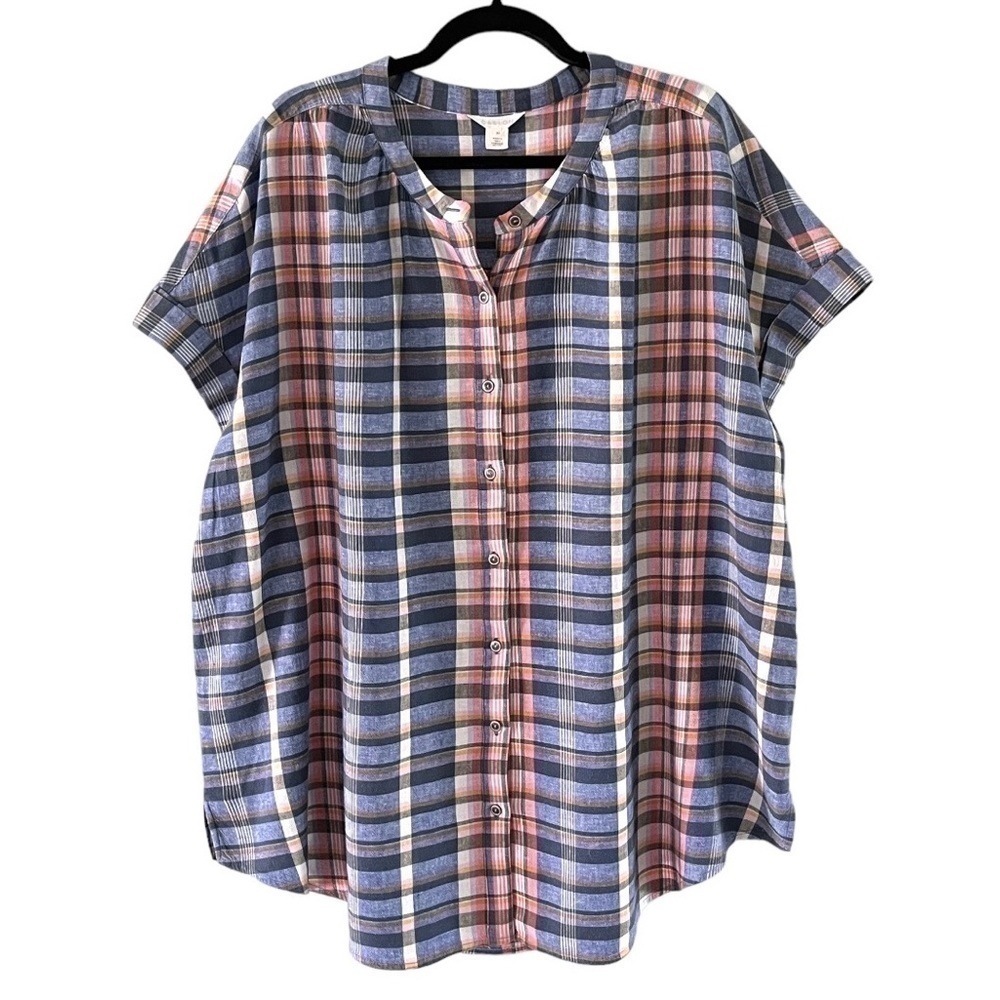 Caslon Plus Size Linen Rayon Blend Short Sleeve Plaid Top - Multicolor‌‌‌‌‌‍‍‍‍‍